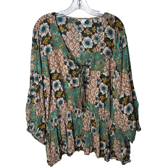 Cato Boho Floral Peasant Top Plus Size 26/28W Green Multicolor Tunic Blouse - Picture 1 of 8